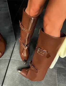 Metal Pointed Toe High Heel Knee High Boots Women Winter New Belt Buckle Front Zipper Knight Boots Fashion Runway Shoes - Aliexpress - FashionsVida