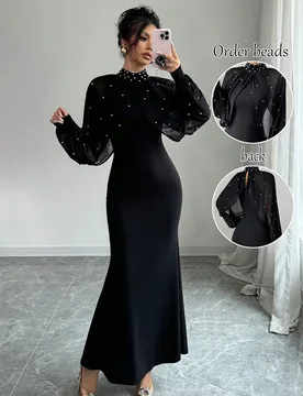 Pearls Black Prom Dress Elegant High Neck Full Sleeves Long Sheath Mermaid Party Gown Formal Wedding Guest Birthday Robe - Aliexpress - FashionsVida