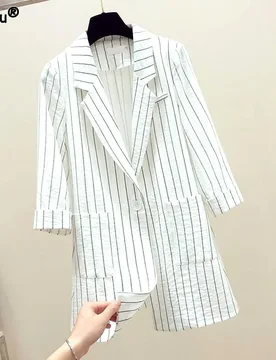 Women's Clothing Office Lady Loose Notched Pockets Striped Casual Formal Blazers Thin Three Quarter Sleeve Button Summer Tops - Aliexpress - FashionsVida