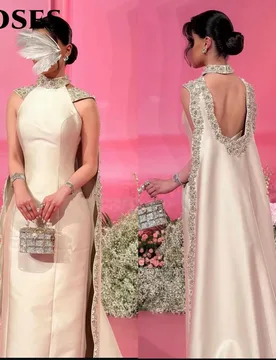 ROSES Off-White Elegant Prom Dresses Halter Neck Evening Dresses Crystal-Embroidered Open-Back Cape vestidos de noche Customized - Aliexpress - FashionsVida