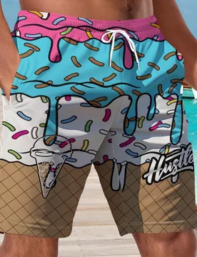 Shorts de verano para hombres con estampado 3D de helado y pastel, estilo hawaiano - Shein - FashionsVida