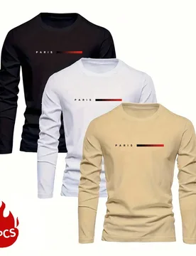 Paquete de 3 camisetas de manga larga con estampado de letras para hombres, camisetas casuales básicas para el otoño - Shein - FashionsVida