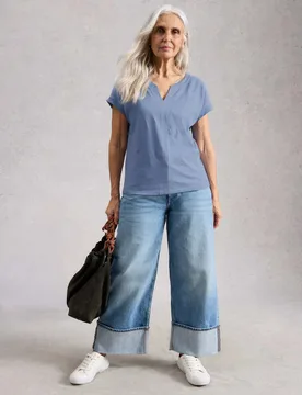 Embroidered Notch Neck T-Shirt Blue female - White stuff - FashionsVida