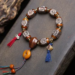 Tibetan-style recycled yak bone decorative bracelet, single-strand prayer beads, peace knot, turquoise barrel beads
