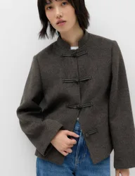 Textured Knot Button Detail Short Jacket Charcoal Mix female