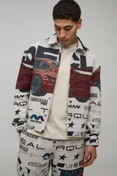 Mens Regular Moto Tapestry Overshirt - Red Cotton - Size Large
