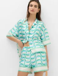 Satin Printed Short Sleeve Beach Shirt Blue Mix female