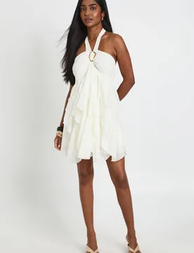 Womens Chiffon Layered Gold Trim Mini Dress - Cream - Size 8 Uk - Boohoo - FashionsVida
