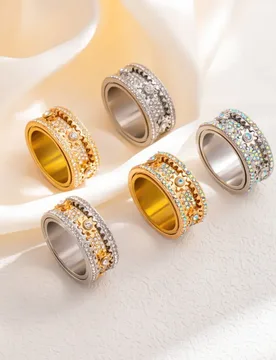 Rotatable Gear Fidget Ring, Full Pave Zircon Stainless Steel Spinner Anxiety Ring Gold Silver Unisex Daily Stress Relief Jewelry - Aliexpress - FashionsVida