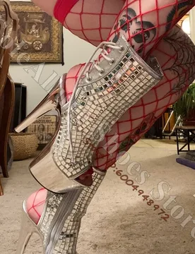 Mirror Tile Cutout Platform Ankle Boots Peep Toe Rear Lace Up Mirror Metallic Stiletto Booties Club Party Stage Performance Boot - Aliexpress - FashionsVida
