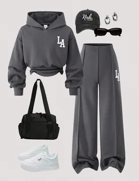Conjunto de 2 piezas de niña con top con capucha de manga larga con estampado gráfico de letra y pantalones de cintura con cordón, en unicolor y es - Shein - FashionsVida