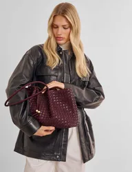 Faux Leather Woven Shoulder Tote Bag Cherry Red female