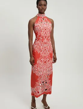 Womens Cotton Cutwork Woven Halter Midi Dress - Red - Size 18 Uk - Karen millen - FashionsVida
