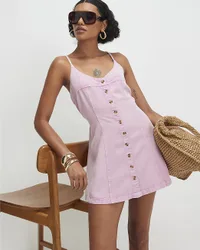 Womens Mini Dress Pink Button Up Denim Sleeveless - Purple Lyocell - Size 6 Uk