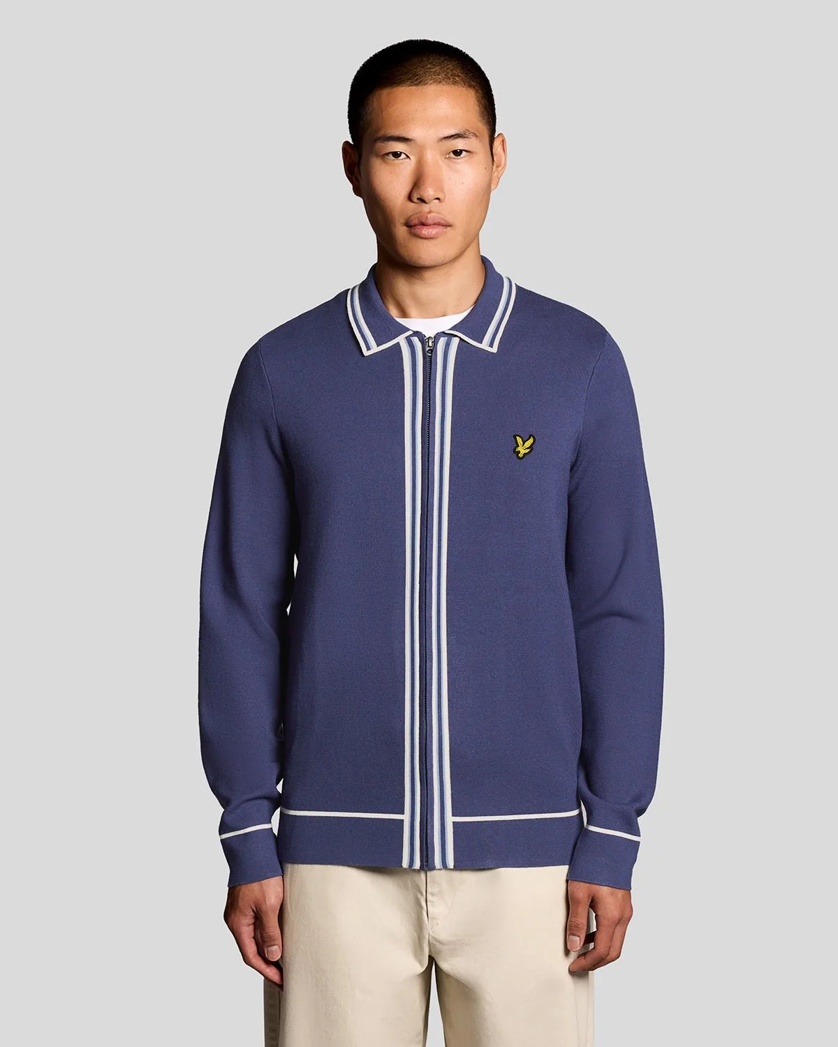 Men's Tipped Full Zip Knitted Jumper in Blue - Lyle & Scott - FashionsVida