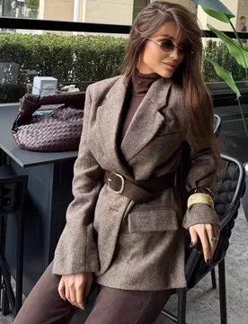 Brown Herringbone Blazer Detachable Leather Waist Belt Single Button Lined Loose Vintage Office Suit Jacket Outerwear 202606H - Aliexpress - FashionsVida