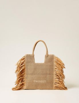 Cabas en raphia avec franges latérales