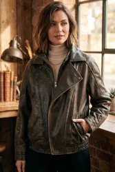 Womens Brown Cow Big Bomber Biker Blouson Oversized Jacket - Bloom - Dark Brown - Size Medium