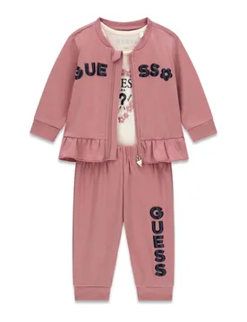 Completo 3 pezzi rosa in cotone con felpa, T-shirt e logo ricamato - Guess - FashionsVida