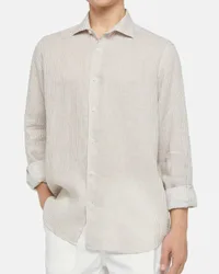 Camicia bastoncino bianco e beige in puro lino con collo alla francese