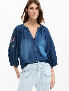 Blusa bordados farol, Mujer, Lyocell, Azul, XS