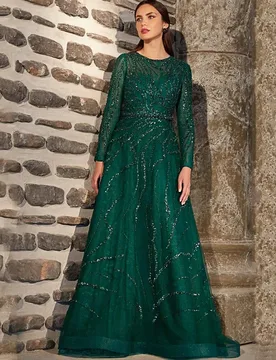 Exquisite Dark Green Prom Paeant Dress O-neck Beads Sequins A-line Evening Formal Birthday Party Gowns Robe De Soiree - Aliexpress - FashionsVida