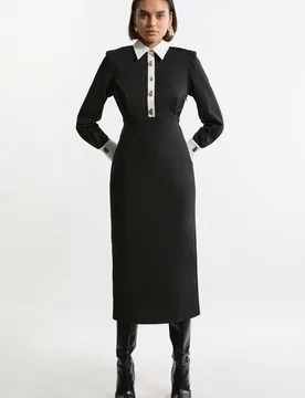 Womens Petite Techno Cotton Woven Maxi Shirt Dress With Gold Clasps - Monochrome Multi - Size 6 Uk - Karen millen - FashionsVida