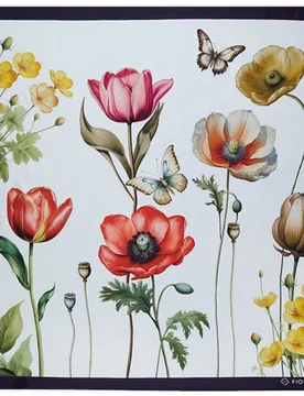 Elegante y sencillo pañuelo de seda de estampado floral y mariposas de fondo y borde azul marino - Fio de Martié - FashionsVida