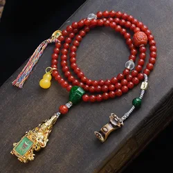 Natural red agate 108 buddha beads jumper chain hand-painted green tulip thangka pendant this year red beads necklace