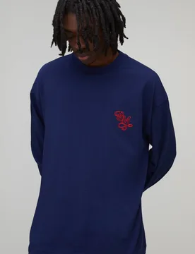 Herren Oversized Heavyweight BM Besticktes Langarm-T-Shirt mit Flügelärmeln Navy Größe Large - boohooMAN - FashionsVida