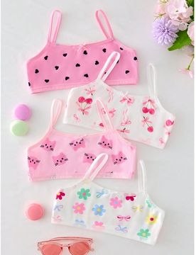 Pcs/Set Camisolas de tirantes casuales de uso diario para niñas pequeñas y jóvenes, estilo minimalista de moda con estampado floral de gato & lazo,