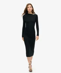 Superdry Damen Langärmeliges Midikleid mit Raffung Schwarz - Größe: 36