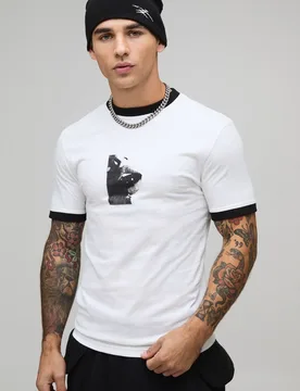 Herren Muscle Boxy Fit Lippen-Print Ringer T-Shirt White Größe Large - boohooMAN - FashionsVida