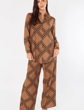 Women's Brown Rope Lattice Print Wide-Leg Co-ord Size: 18 - Brown - Size: 18 - LOVE SUNSHINE - FashionsVida