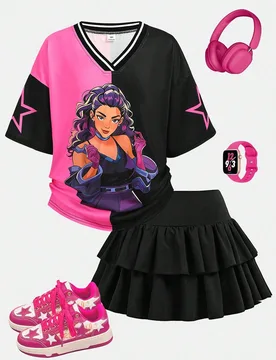 Camiseta de punto de manga corta con cuello en V, gráfico de personaje de dibujos animados K-Pop Y2K, corte holgado, ribete acanalado, para niñas pr - Shein - FashionsVida
