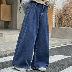 Jeans casuales y versátiles de pierna ancha y plisada para niñas preadolescentes