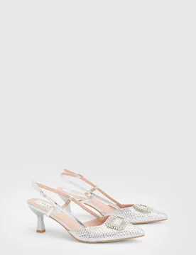 Women's Layla Faux Leather Woven Embellished Square Trim Point Kitten Heel Court Shoes in Silver Size: 7 - Silver - Size: 7 - OASIS - FashionsVida