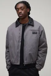 Men's Oversized Boxy Contrast PU Collar Twill Worker Jacket Charcoal Size Small Charcoal S