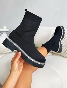 Women's Sparkly Stretch Chunky Sock Boots Black Size: 7 - Black - Size: 7 - Love Lemonade - FashionsVida
