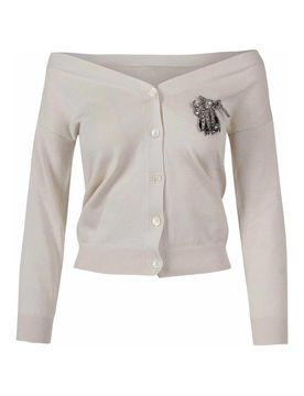 Cardigan con scollo a barca e spilla