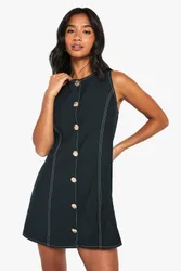 Womens Petite Gold Button Tailored Sleeveless A Line Mini Dress - Navy - Size 8 Uk