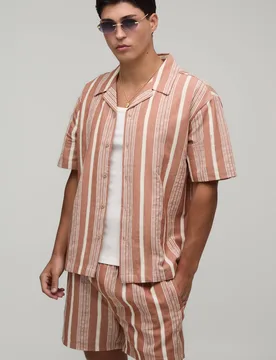 Men's Embroidered Stripe Line Oversized Shirt & Relaxed Short Set Rust Size X-Small Rust XS - boohooMAN - FashionsVida