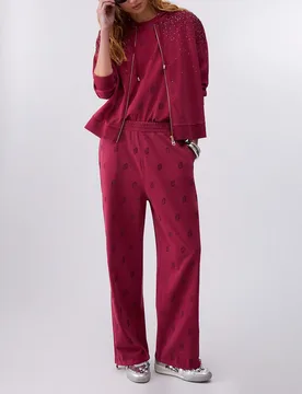 Felpa con cappuccio Liu Jo Sport ciclamino in jersey di cotone con strass applicati e chiusura zip - Liujo - FashionsVida