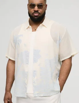Men's Plus Oversized Crochet Palm Tree Jacquard Shirt Light Blue Size 2X-Large Light Blue XXL - boohooMAN - FashionsVida