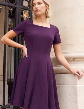 Women's Square Neck Panel Dress in Aubergine Size: 18 - Aubergine - Size: 18 - Roman - FashionsVida
