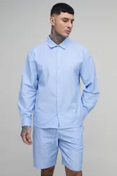 Herren Großes Größen Gestreiftes Popeline Hemd Mit Rundem Saum Und Weite Shorts Set Blue Größe Medium