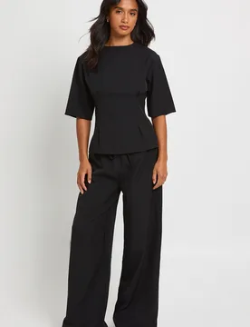 Womens Petite Woven Marl Cinch Waist Top Wide Leg Trouser Co-Ord - Black - Size 16 Uk - Boohoo - FashionsVida