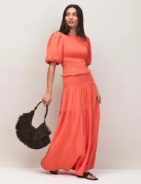 Textured Shirred Maxi Tiered Skirt Orange female - RO&ZO - FashionsVida