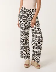 Printed Wide Leg Trousers - L/XL / Ivory/Black - female