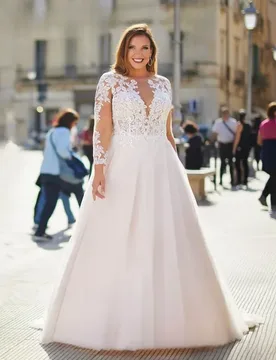 Plus Size Sheer O-neck Wedding Dresses for Women Appliques Long Sleees Boho Floor Length Bridal Gown Elegant Vestido De Novia - Aliexpress - FashionsVida